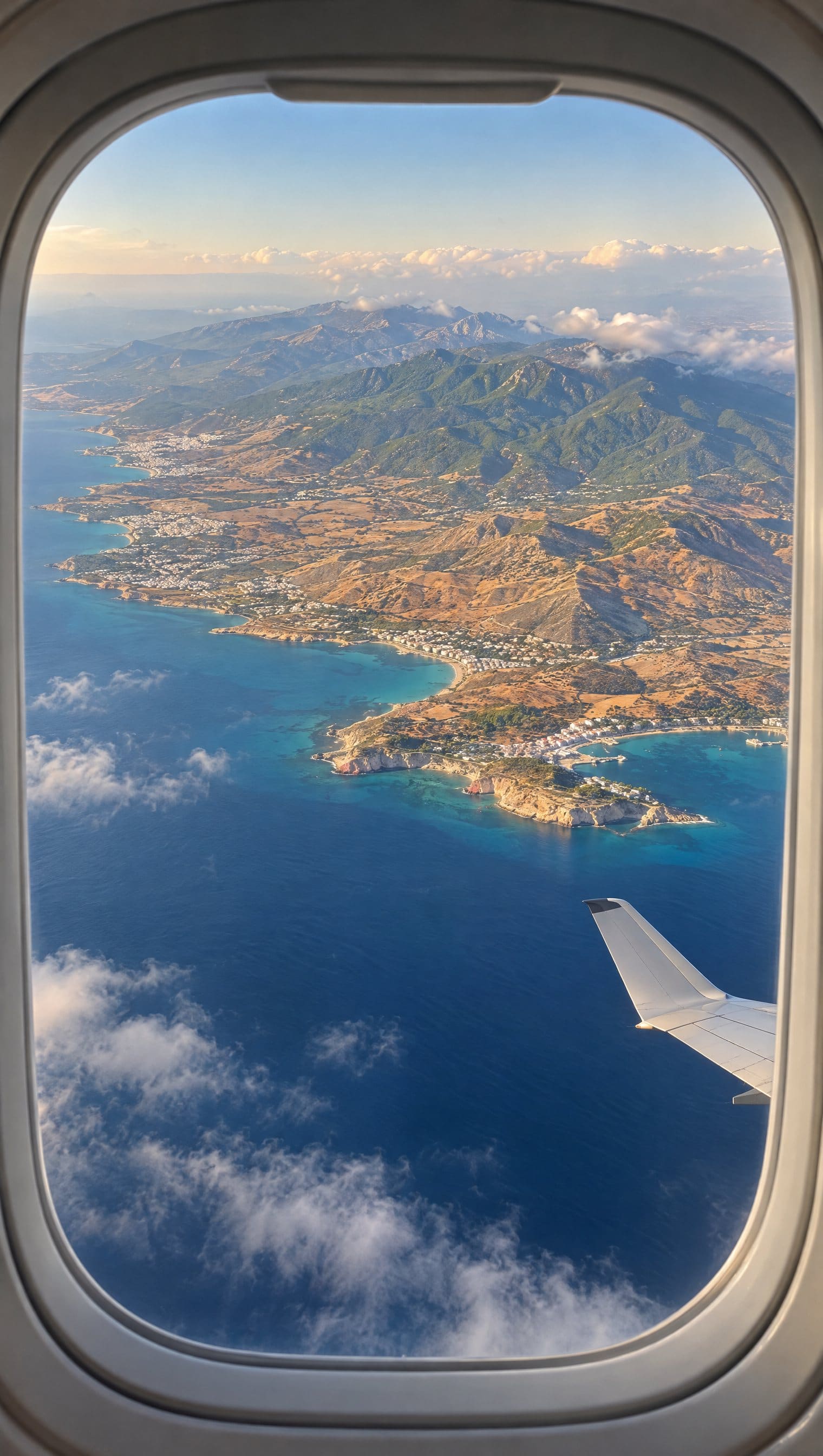 Blick aus dem Flugzeugfenster auf die Küste Zyperns